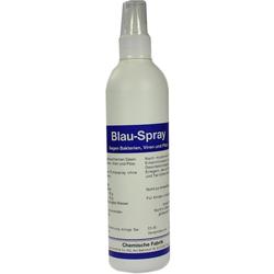 Weiße Sprühflasche mit blauem Etikett, darauf steht "Blau-Spray".