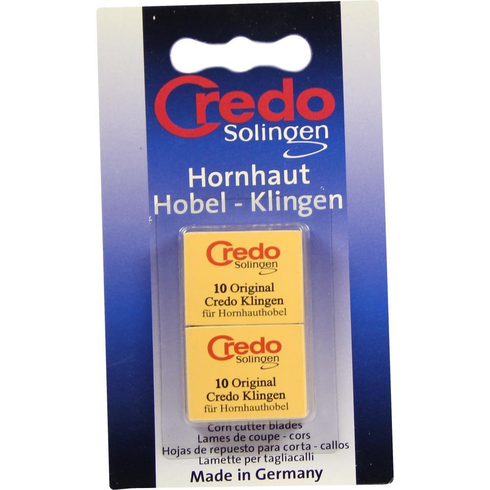 Verpackung mit Hornhauthobel-Klingen der Marke Credo Solingen, made in Germany.